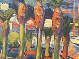 an oil painting of palm trees on a city street by the ocean