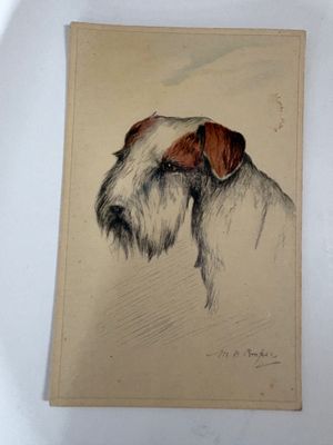painting of a dog with a brown and white coat on it ' s head