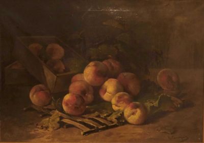 an oil painting of peaches and other fruit on a table