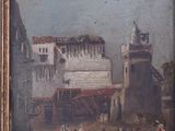 painting of a city scene with a horse drawn carriage in front of a building