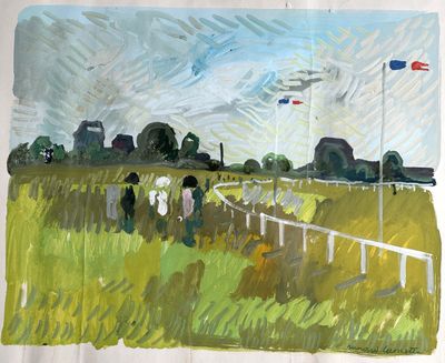un tableau représentant une course hippique avec des spectateurs sur la piste