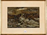 an image of a painting of a desert scene with a horse and other animals
