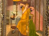 a painting of a woman sitting in a chair in front of a lamp