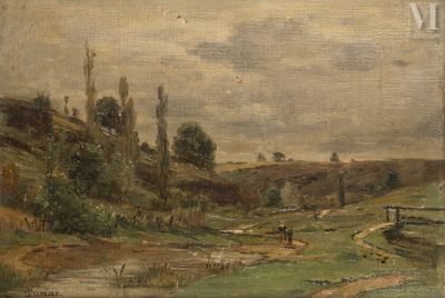 painting of a landscape with a river and a bridge in the foreground