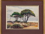 an oil painting of three trees on a beach by the ocean