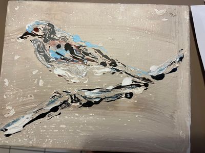 un tableau représentant un oiseau perché sur une branche d'arbre