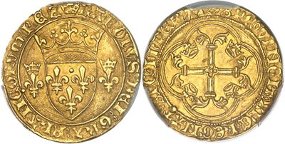 a gold coin with a coat of arms on it