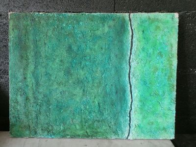 painting of a green and blue painting on a white surface