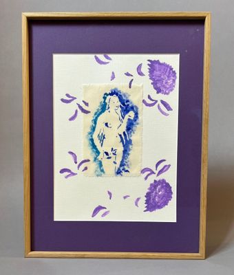 purple and white framed picture of a woman with purple flowers