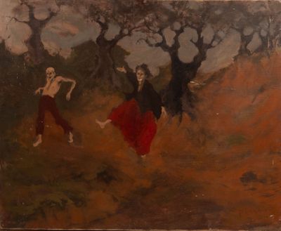 tableau représentant deux femmes dansant dans un champ, avec des arbres en arrière-plan