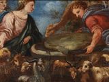 painting of a painting of a man and a woman with animals