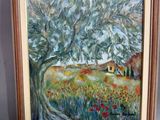 tableau représentant un arbre dans un champ, avec une maison en arrière-plan