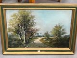 framed oil painting of a country scene with a woman walking down a path