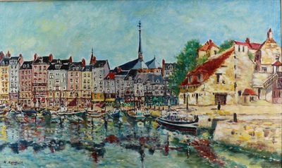 tableau représentant une ville avec des bateaux sur l'eau