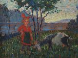 une peinture à l'huile représentant une femme et un chien dans un champ