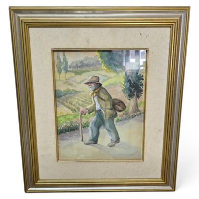 painting of a man with a cane and a hat walking down a street