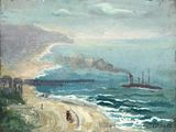 tableau représentant une vue de plage avec un bateau au loin