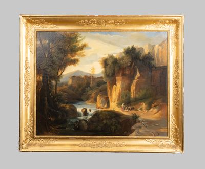 an image of a painting of a landscape with a river in the foreground