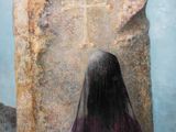 painting of a woman standing in front of a large rock with a cross on it