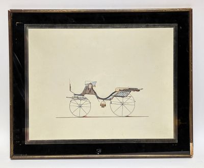 framed drawing of a horse drawn carriage with a man in a top hat