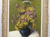an oil painting of a vase with flowers in it on a table