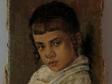 tableau représentant une jeune fille vêtue d'une chemise blanche et d'un chapeau noir