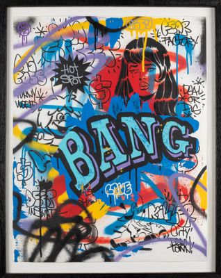 framed photograph of graffiti art of a woman with the word bang on it