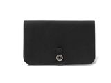 a black leather wallet with a metal clasp on the front