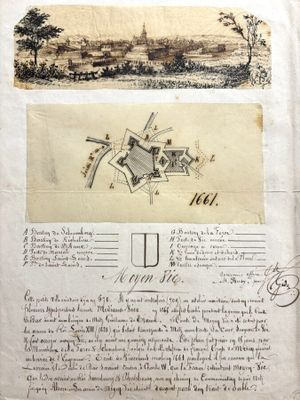 un vieux manuscrit sur lequel figurent le dessin d'une ville et une ville