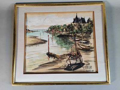 tableau représentant un bateau sur une plage, avec un château en arrière-plan