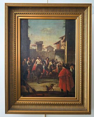 une peinture à l'huile représentant un groupe de personnes dans une cour