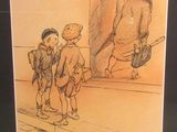 dessin représentant deux enfants debout devant une porte, avec un homme tenant un sac