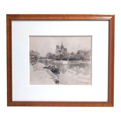framed watercolor painting of a river scene with a church in the background