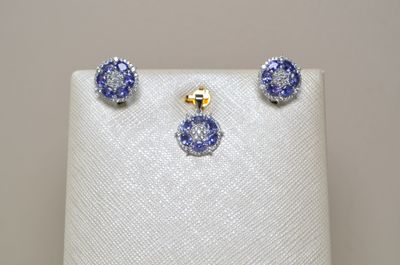 a close up of a pair of blue and white earrings