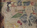 un tableau représentant une femme assise sur un canapé