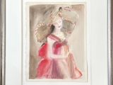 painting of a woman in a pink dress with a parasol