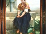 tableau représentant une jeune fille assise sur un rebord, tenant un arrosoir