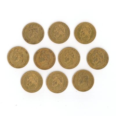 un lot de six pièces d'or sur lesquelles figurent l'effigie d'un homme et d'une femme