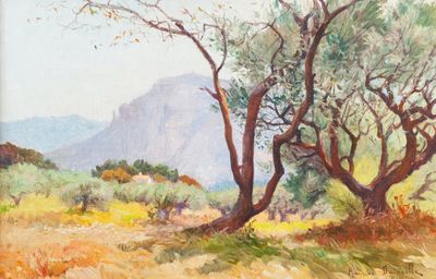 painting of two trees in a field with mountains in the background
