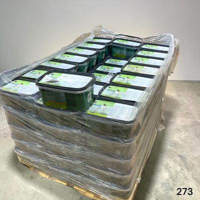 many containers of food sitting on top of a pallet