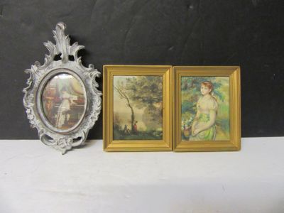 two pictures of a woman and a picture of a man on a shelf