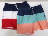 two men ' s swim trunks with multicolored stripes on them