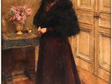 painting of a woman standing in front of a table with a vase of flowers