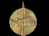 a close up of a gold pendant with a fish on it