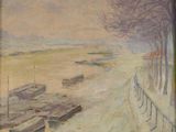 une peinture représentant des bateaux amarrés au bord de l'eau