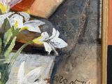 a painting of a woman ' s hand holding a vase of flowers