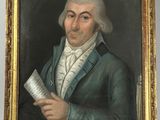 tableau représentant un homme vêtu d'un manteau bleu tenant un livre