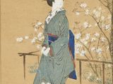 une image représentant un tableau d'une femme vêtue d'un kimono bleu