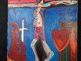 une image représentant un tableau d'un homme sur une croix, tenant une guitare