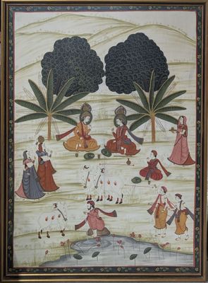 un tableau représentant un groupe de personnes dans un champ bordé d'arbres